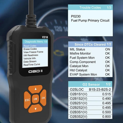 Essential Car Diagnostic Tool for Routine Vehicle Checks - OBD2 code reader plugged into car OBDII port with diagnostic screen showing trouble codes