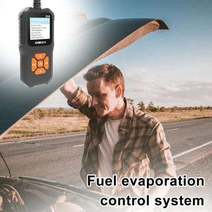 Essential Car Diagnostic Tool for Routine Vehicle Checks OBD2 code reader showing error 'Fuel evaporation control system' with driver at roadside