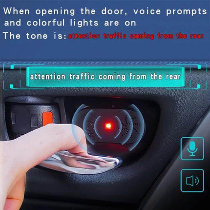 Car Door Opener Alarm For Easy Access With Voice Prompt showing sensor near handle with LED and voice cue 'attention traffic coming from the rear'