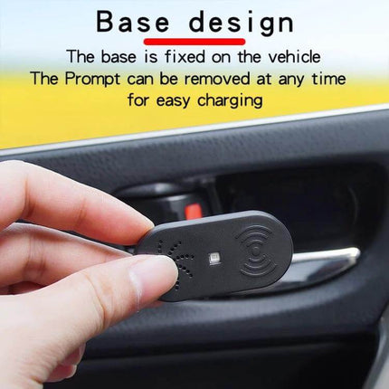 Car Door Opener Alarm For Easy Access With Voice Prompt showing removable base mounted on car door handle for easy charging and proximity alerts