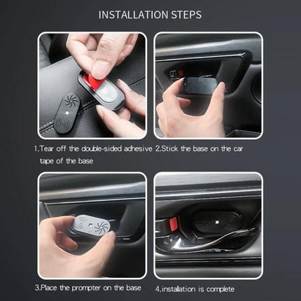 Car Door Opener Alarm For Easy Access With Voice Prompt shown being installed on car door handle with adhesive base and voice module
