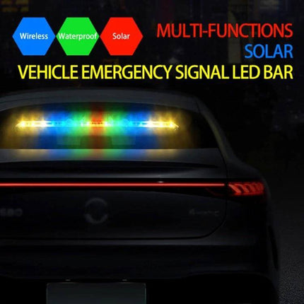 Car Triangular Warning Light With Solar Charging For Roadside Use on car rear window showing multicolor LED emergency signal bar, solar-powered, waterproof, wireless