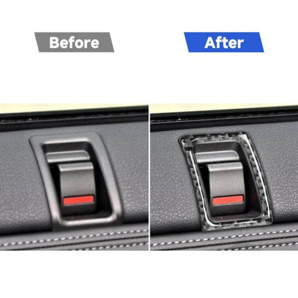 Set of 2 Carbon Fiber Door Lock Decorative Stickers for Nissan GTR R35 showing before and after door lock trim upgrade