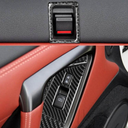 Carbon Fiber Decorative Stickers for Car Door and Window Controls on Nissan GTR R35 interior showing carbon fiber window control and door lock trim