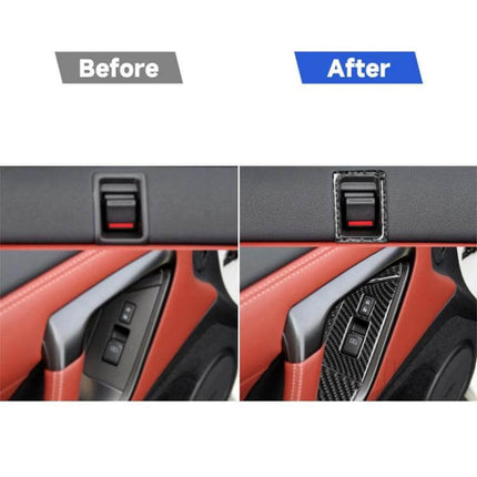 Carbon Fiber Decorative Stickers for Car Door and Window Controls showing before and after fit on Nissan GTR R35 door panel