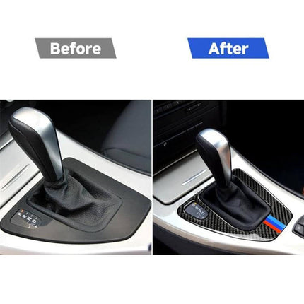 Carbon Fiber Sticker for Left-Hand Drive Car Interior in Three Colors applied to gear panel before and after view, textured protective dashboard decal