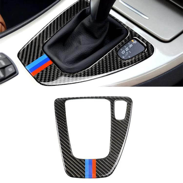 Carbon Fiber Decorative Sticker for BMW Interior in Three Colors - left driving gear panel carbon fiber trim with blue-red stripe accent
