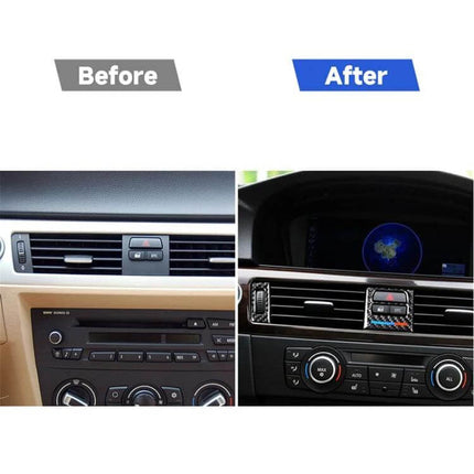 Carbon Fiber Decorative Stickers for BMW E90 Series Air Outlets, 5 Pack – before and after interior vent upgrade showing carbon fiber trim on center air outlet