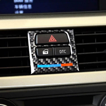 Carbon Fiber Decorative Stickers for Car Air Outlets, Set of 5 applied on car vent surrounding hazard and DTC buttons