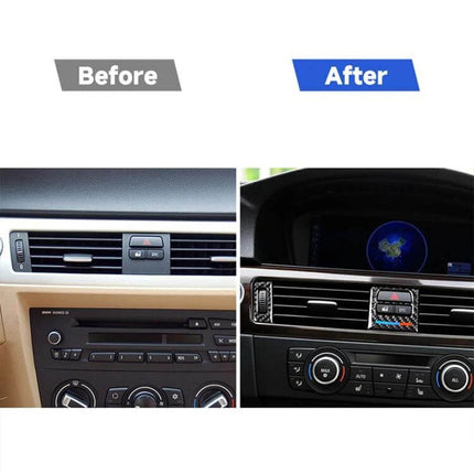 Before and after dashboard showing Carbon Fiber Decorative Stickers for Car Air Outlets, Set of 5 applied to vents for subtle interior upgrade