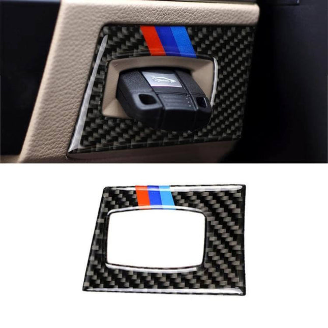 Carbon Fiber Decorative Sticker for BMW Ignition Switches in Three Colors - carbon fiber trim cover with M-stripe for BMW ignition key slot