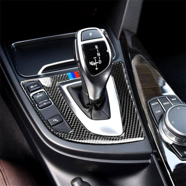 Carbon Fiber Decorative Sticker for BMW Gear Panels, Three Colors on BMW gear shifter console enhancing interior look