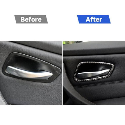 Carbon Fiber Decorative Sticker for BMW E90 Door Handles applied to door handle showing before and after modern sporty upgrade