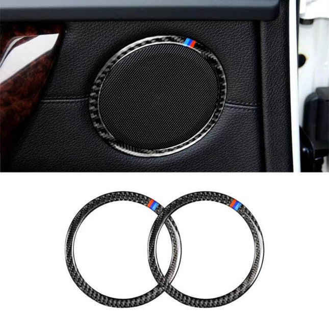 Carbon Fiber Horn Circle Decorative Sticker in Three Colors shown applied to car speaker/horn cover, 122mm carbon fiber ring accent
