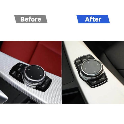 Carbon Fiber Multimedia Frame Sticker for BMW Vehicles applied to BMW iDrive control showing before and after interior upgrade