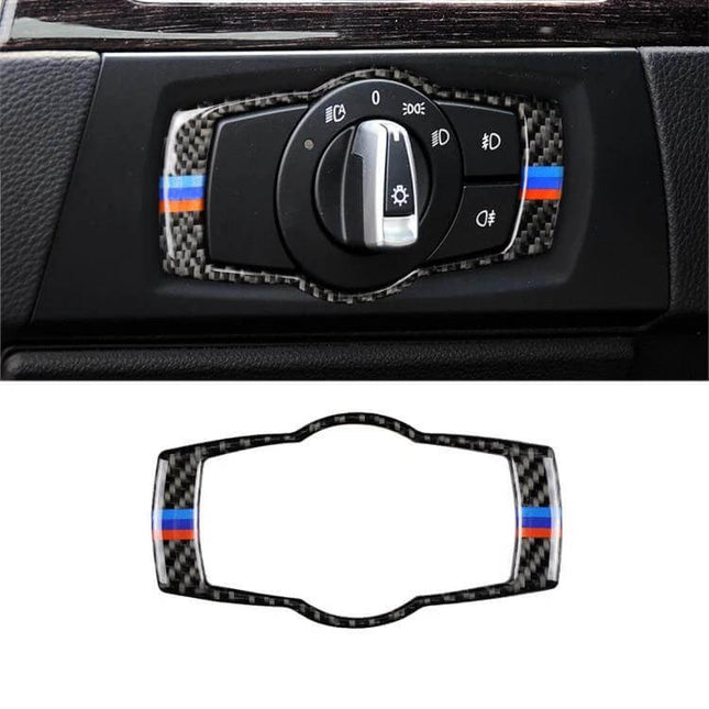 BMW Carbon Fiber Headlight Switch Decorative Sticker fitted around BMW headlight control with M-stripe accent
