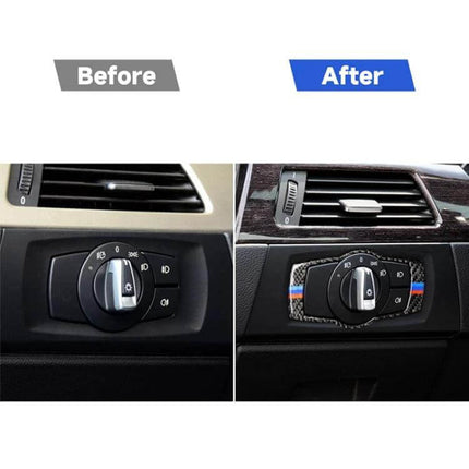 BMW Carbon Fiber Headlight Switch Decorative Sticker shown before and after installation on BMW dashboard