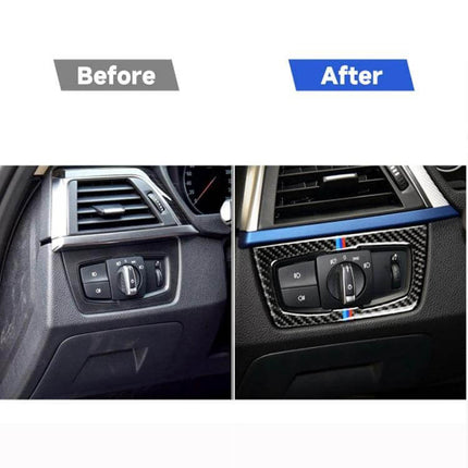 Three-Color Carbon Fiber Headlight Switch Sticker for BMW F30 and F34 shown before and after dashboard upgrade with carbon fiber trim and tricolor stripe