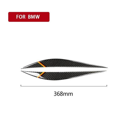 Carbon Fiber Decorative Sticker for Car Lamp Eyebrows in Yellow Red on BMW-style headlight, carbon fiber texture with yellow and red accent, 368mm