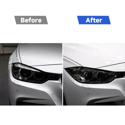 Carbon Fiber Decorative Sticker for Car Lamp Eyebrows in Yellow Red applied on headlight before and after view, subtle yellow-red accent, durable carbon fiber