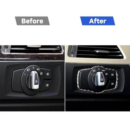 Carbon Fiber Decorative Sticker for BMW Headlight Switches shown before and after installation on a BMW headlight switch