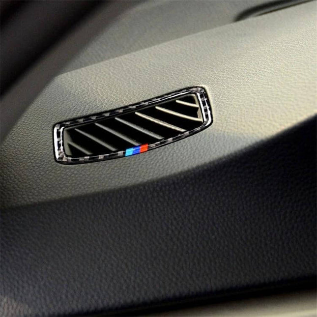 Carbon Fiber Three-Color Decorative Sticker for Car Air Vent on black dashboard air vent with red blue accent