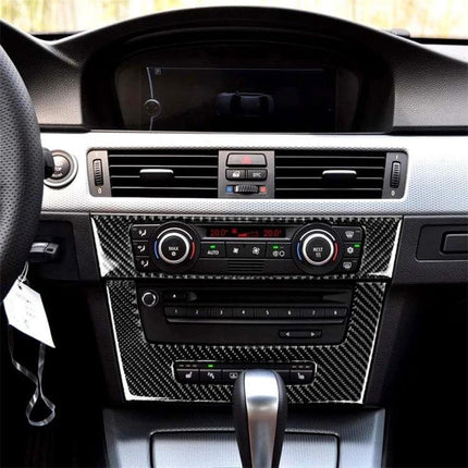 Carbon Fiber Decorative Sticker for BMW E90 Central Panel installed on dashboard showing carbon fiber trim around controls