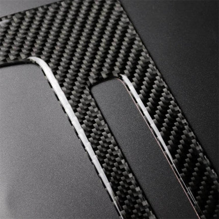 Carbon Fiber Decorative Sticker for BMW E90 Central Panel close-up showing black woven carbon fiber texture and cutouts for dashboard fit