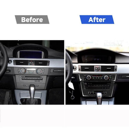 Carbon Fiber Decorative Sticker for BMW E90 Central Panel showcased in before and after dashboard upgrade image
