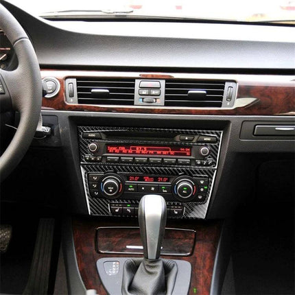 Carbon Fiber Decorative Sticker for BMW E90 E92 CD Panel installed on dashboard CD panel showing carbon fiber trim