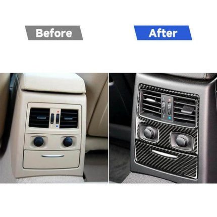 Carbon Fiber Rear Air Vent Decorative Sticker for BMW Vehicles shown before and after installation on rear air vent