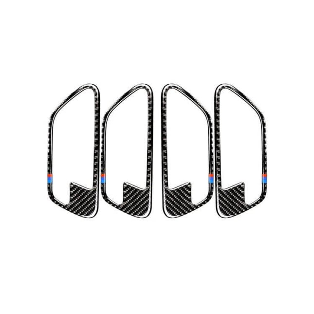 Carbon Fiber Three-Color Decorative Sticker for BMW Doors applied to four door panels, carbon fiber look with tricolor accents