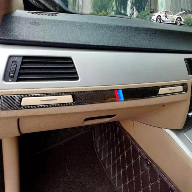 Carbon Fiber Decorative Sticker for BMW Interiors, Three Colors Option - dashboard trim with carbon fiber finish and tri-color accent