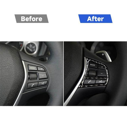 Carbon Fiber Decorative Sticker for BMW Steering Wheels showing before and after close-up of steering wheel control trim
