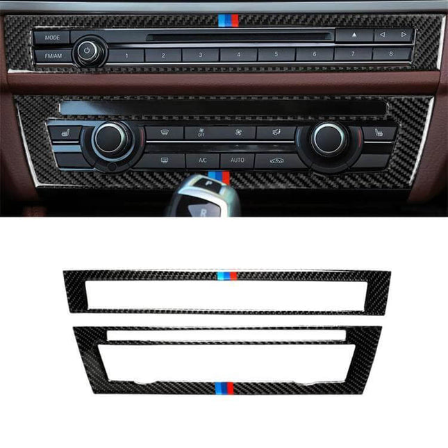Multicolor Carbon Fiber Decorative Sticker for BMW 5 Series CD Panel installed on black carbon fiber dashboard CD control panel