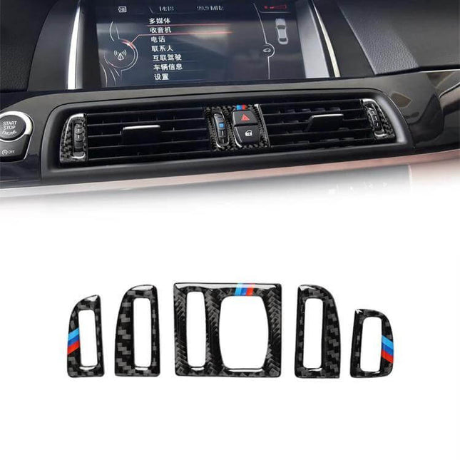 Set of 5 Carbon Fiber Air Outlet Stickers for BMW 5 Series - carbon fiber vent trim set with M stripe accents for dashboard refresh