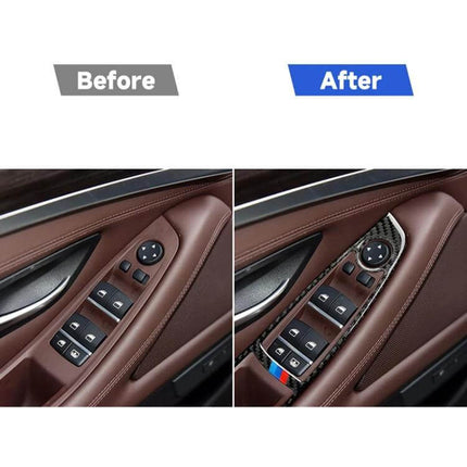 Carbon Fiber Decorative Sticker for BMW 5 Series Left Panel showing before and after left door control panel upgrade