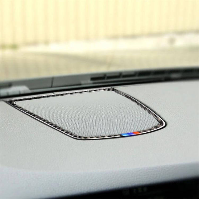 Three Color Carbon Fiber Decorative Sticker for BMW 5 Series on dashboard speaker trim, three-color carbon fiber accent for BMW 5 Series