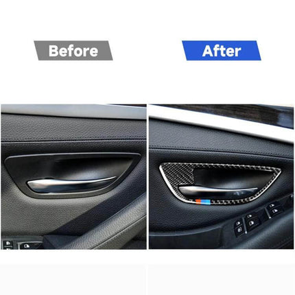 Before and after installation showing Carbon Fiber Decorative Stickers for BMW 5 Series Door Handles protecting and styling interior door handle