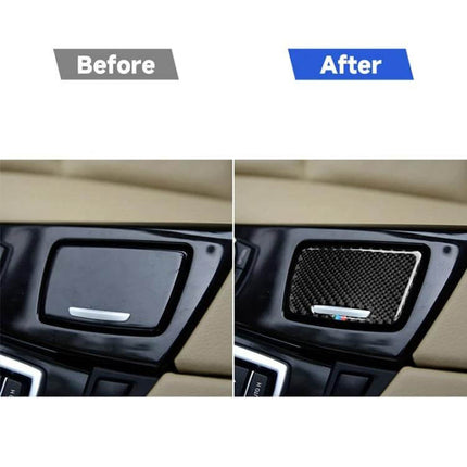 Carbon Fiber Ashtray for BMW 5 Series with Three Colors shown before and after installation in car center console