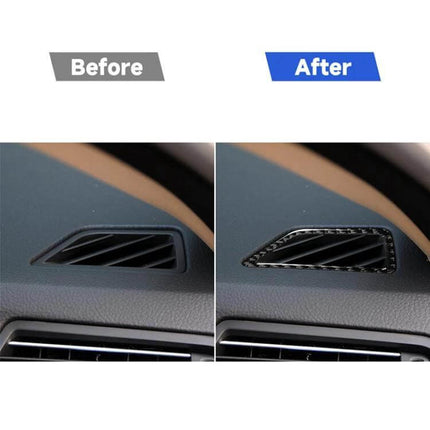 Carbon Fiber Decorative Sticker for BMW 5 Series Air Outlet applied to dashboard air vent before and after comparison