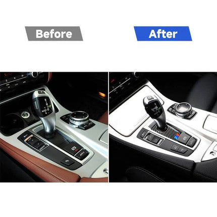 Carbon Fiber Decorative Sticker for BMW 5 Series Interiors applied to center console and gear area showing before and after interior upgrade