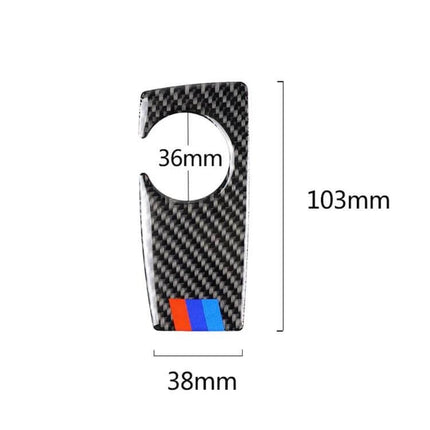 Carbon Fiber Decorative Sticker for BMW Handbrake Panel, Right-Hand Drive — carbon fiber handbrake trim with dimensions 103x38mm, 36mm hole, RHD fit