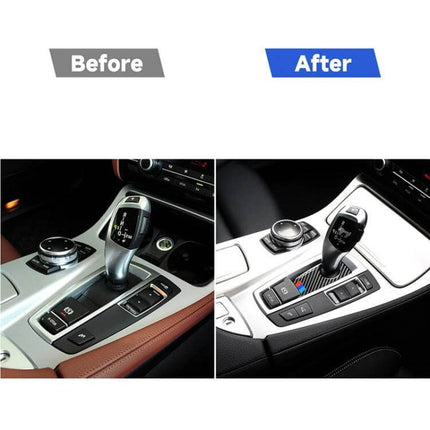 Carbon Fiber Decorative Sticker for BMW Handbrake Panel, Right-Hand Drive applied to handbrake area showing before and after interior update