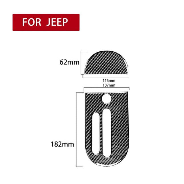 2 in 1 Carbon Fiber Gear Decorative Sticker for Jeep Wrangler JK 2007-2010 showing carbon fiber texture and dimensions for gear shift and panel placement
