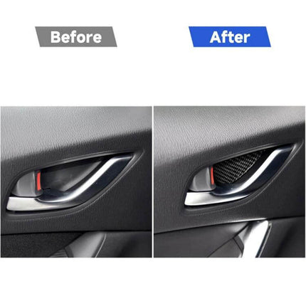 Universal Carbon Fiber Inner Door Bowl Sticker for Mazda Cars - before and after interior door handle upgrade showing carbon fiber accent