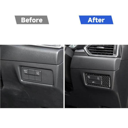 Carbon Fiber Right Drive Headlight Sticker for Mazda CX-5 2017-2018 shown before and after installation on dashboard control trim