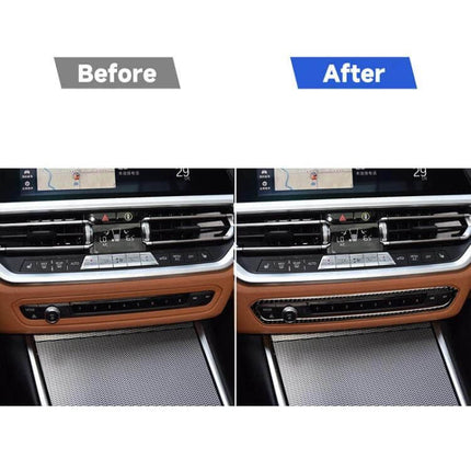 Carbon Fiber Decorative Sticker for BMW 3 Series CD Buttons applied on dashboard CD control buttons before and after showing subtle interior upgrade