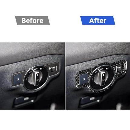 Mercedes-Benz Carbon Fiber Headlight Switch Decorative Sticker showing before and after peel-and-stick dashboard upgrade