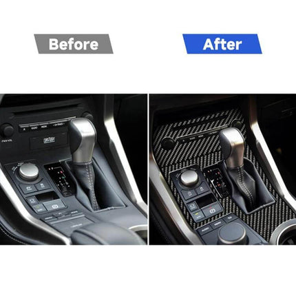 Before and after console upgrade with Carbon Fiber Decorative Sticker for Lexus Car Interiors applied to dashboard and gear area